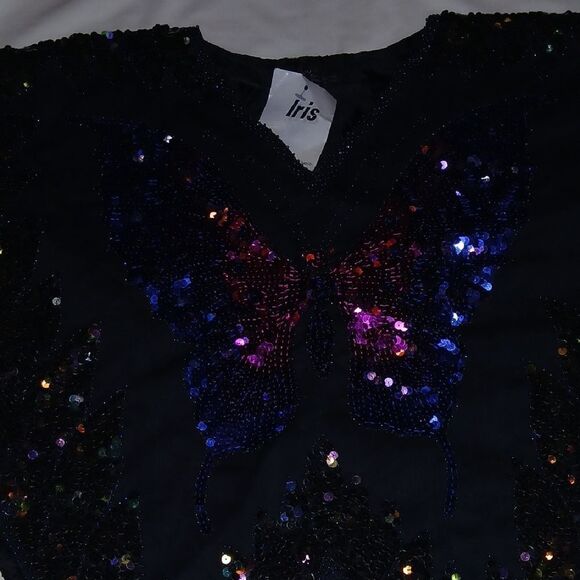Vntg Iris Multicolor Sequin Butterfly Top - Picture 2 of 9